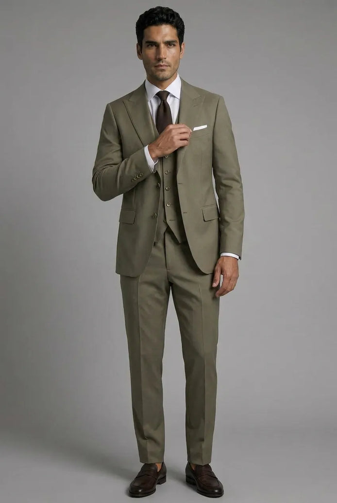 Olive Green Notched Lapel 3-Piece Suit by Nevo Suit - image 01