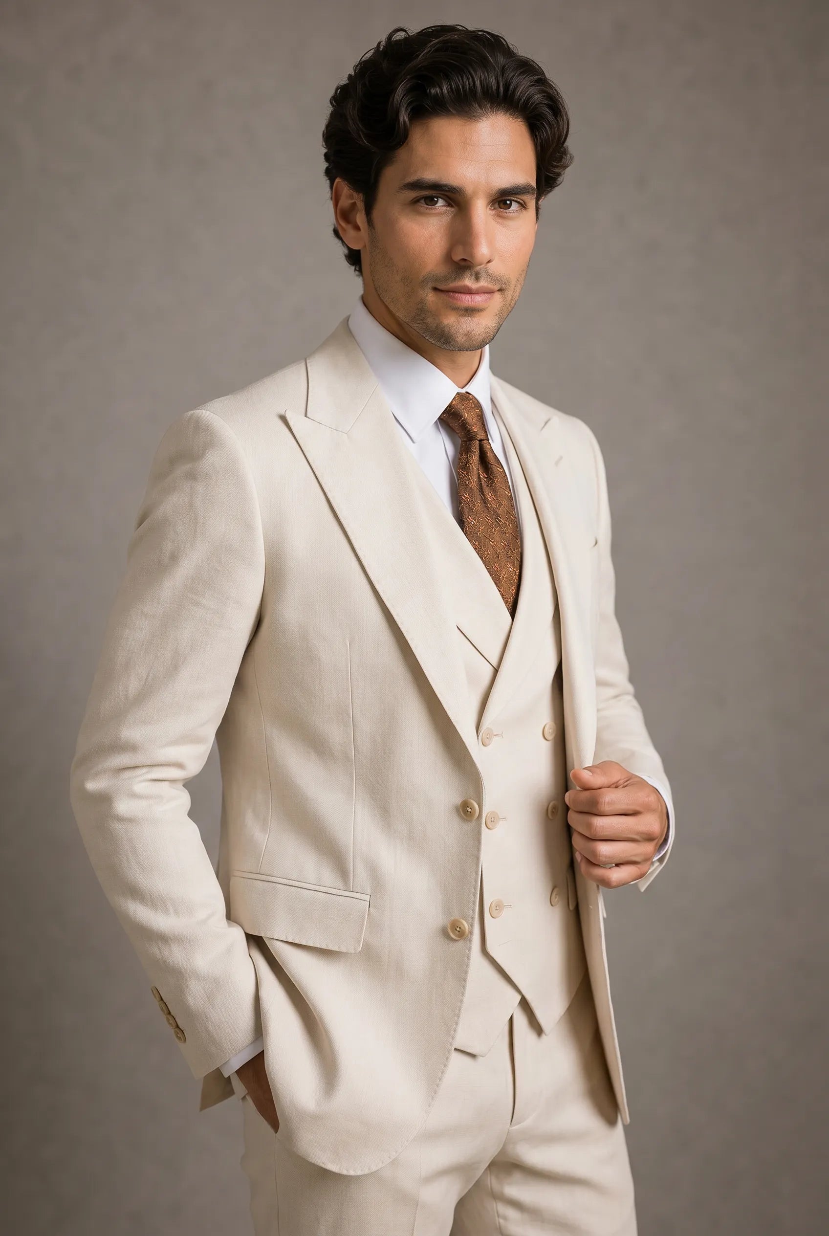 Sandstone Keystone - Ivory Beige Textured 3-Piece Suit