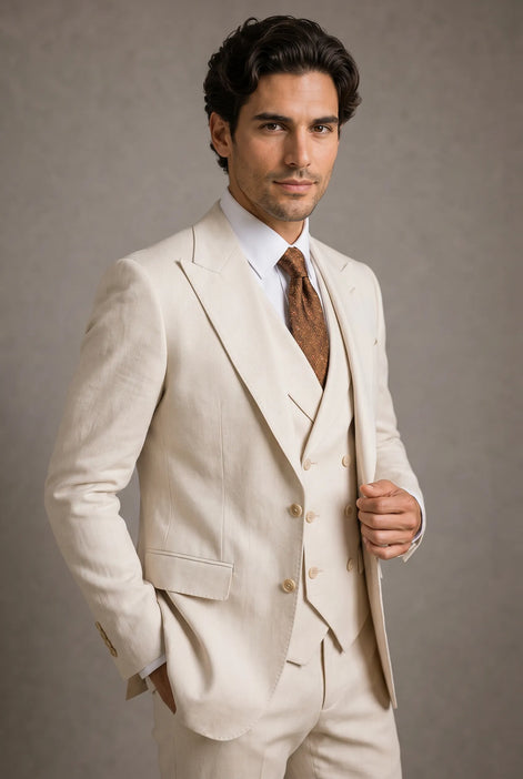 Sandstone Keystone - Ivory Beige Textured 3-Piece Suit