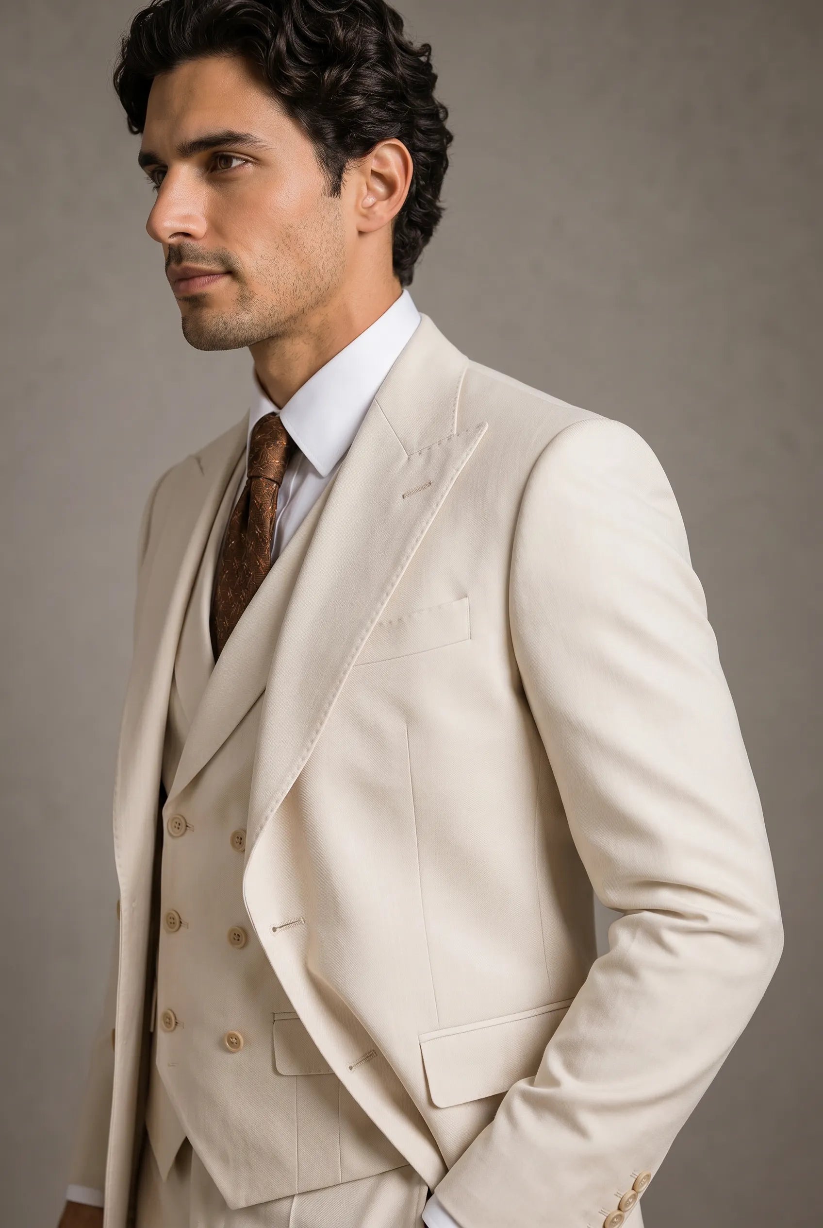 Sandstone Keystone - Ivory Beige Textured 3-Piece Suit