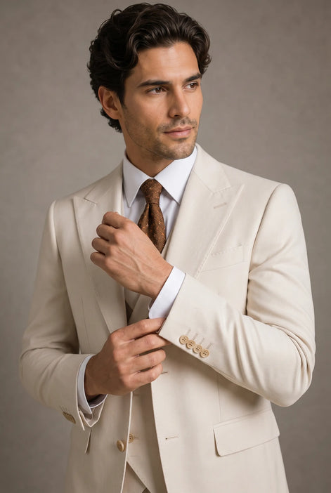 Sandstone Keystone - Ivory Beige Textured 3-Piece Suit