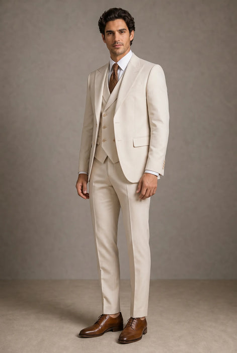 Sandstone Keystone - Ivory Beige Textured 3-Piece Suit