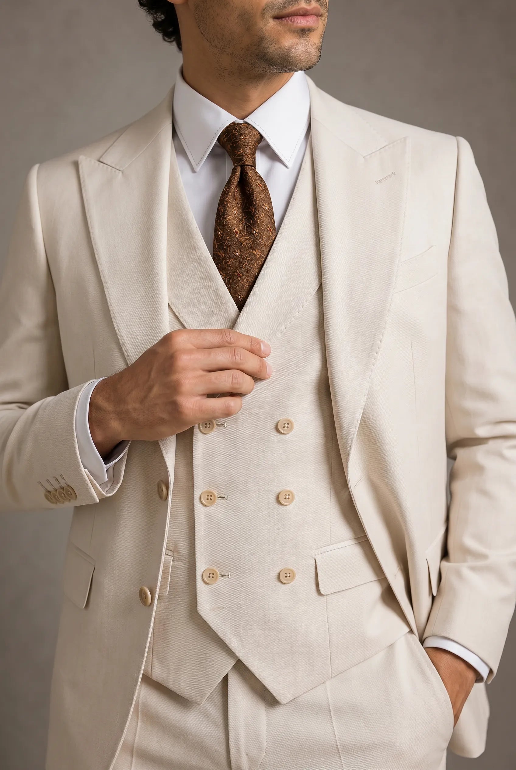 Sandstone Keystone - Ivory Beige Textured 3-Piece Suit