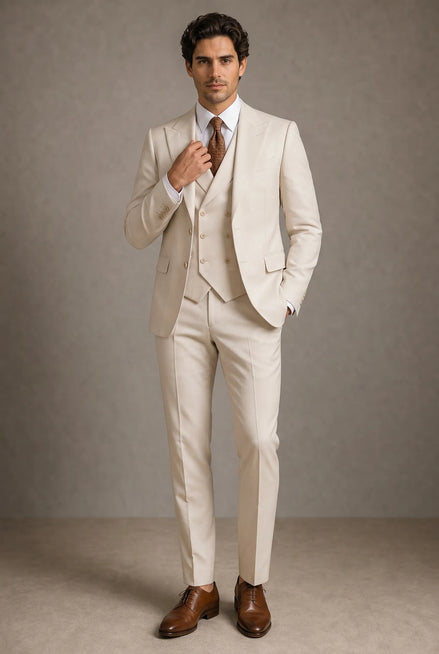 The Sandstone Peak - Ivory Beige Textured 3-Piece Suit Set
