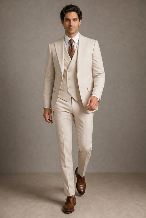 Sandstone Keystone - Ivory Beige Textured 3-Piece Suit