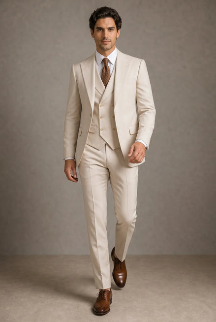 The Sandstone Peak - Ivory Beige Textured 3-Piece Suit Set