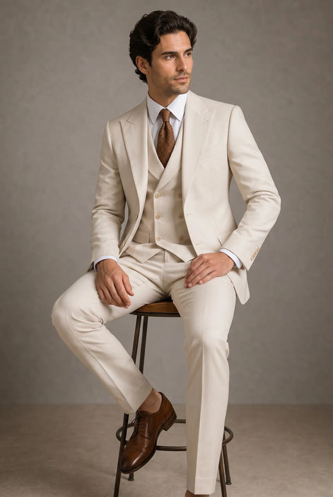 Sandstone Keystone - Ivory Beige Textured 3-Piece Suit