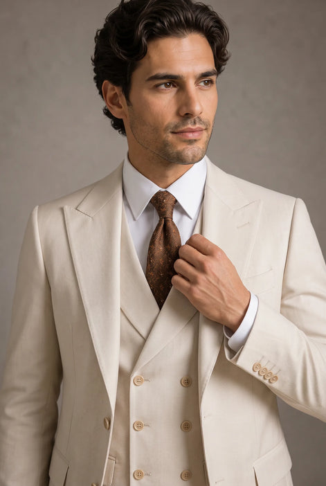 Sandstone Keystone - Ivory Beige Textured 3-Piece Suit