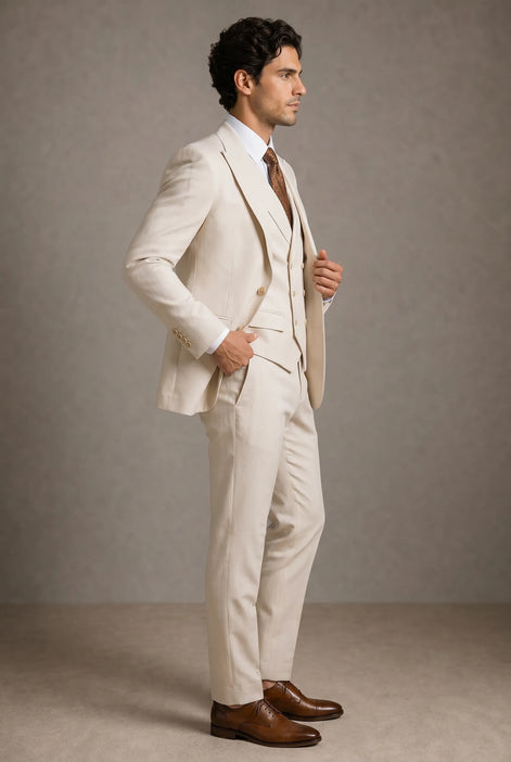 Sandstone Keystone - Ivory Beige Textured 3-Piece Suit