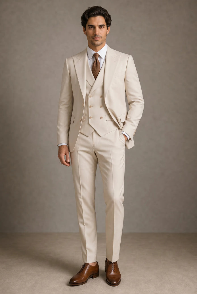 Sandstone Keystone - Ivory Beige Textured 3-Piece Suit