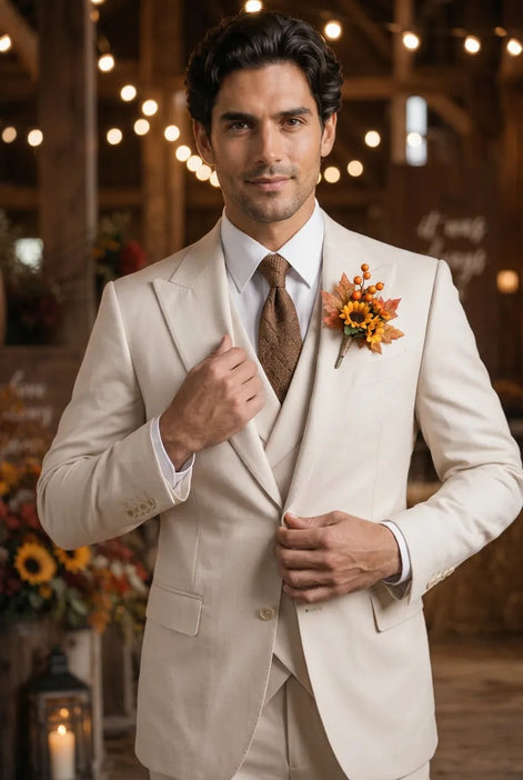 Sandstone Keystone - Ivory Beige Textured 3-Piece Suit
