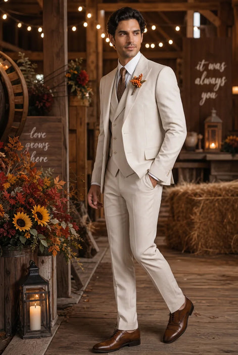 Sandstone Keystone - Ivory Beige Textured 3-Piece Suit