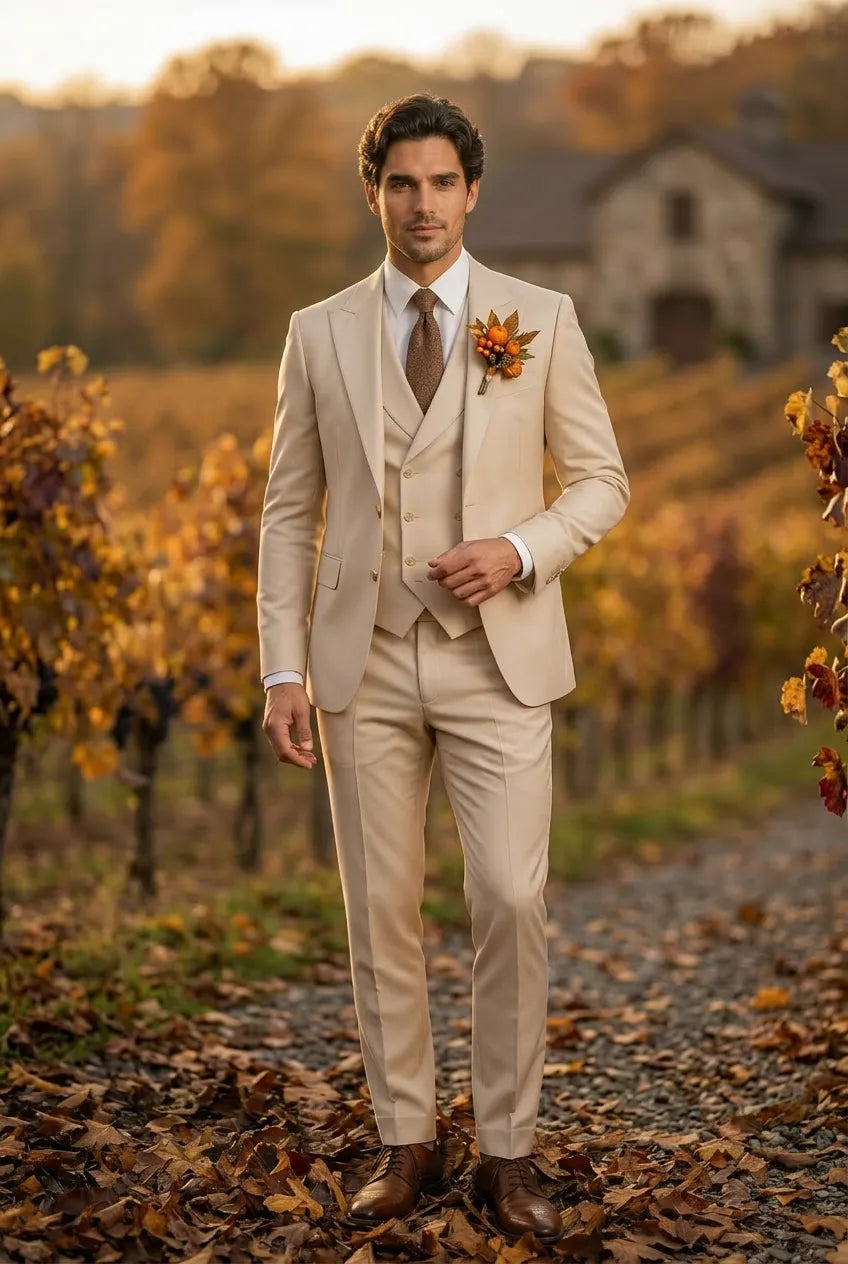 Sandstone Keystone - Ivory Beige Textured 3-Piece Suit
