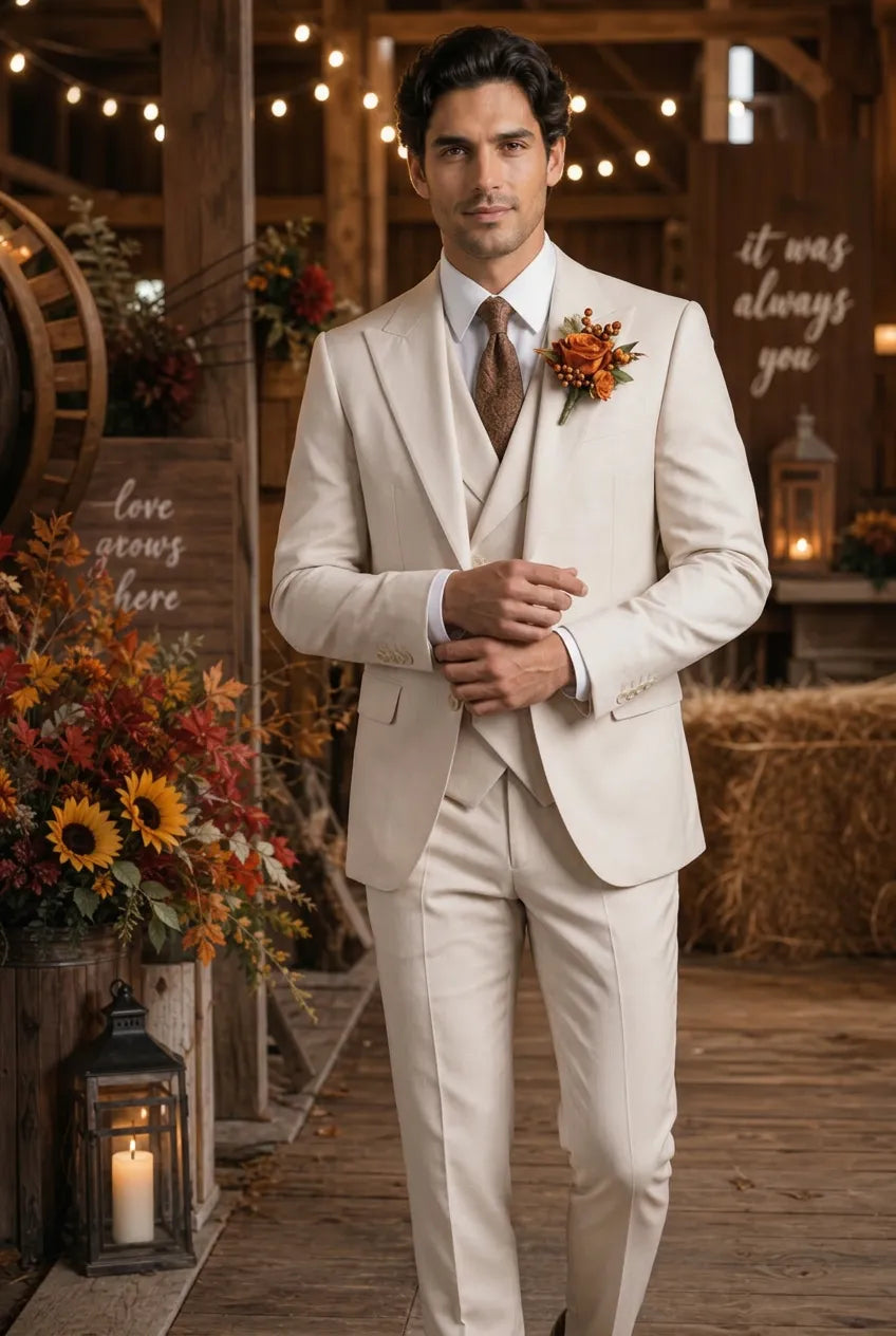Sandstone Keystone - Ivory Beige Textured 3-Piece Suit