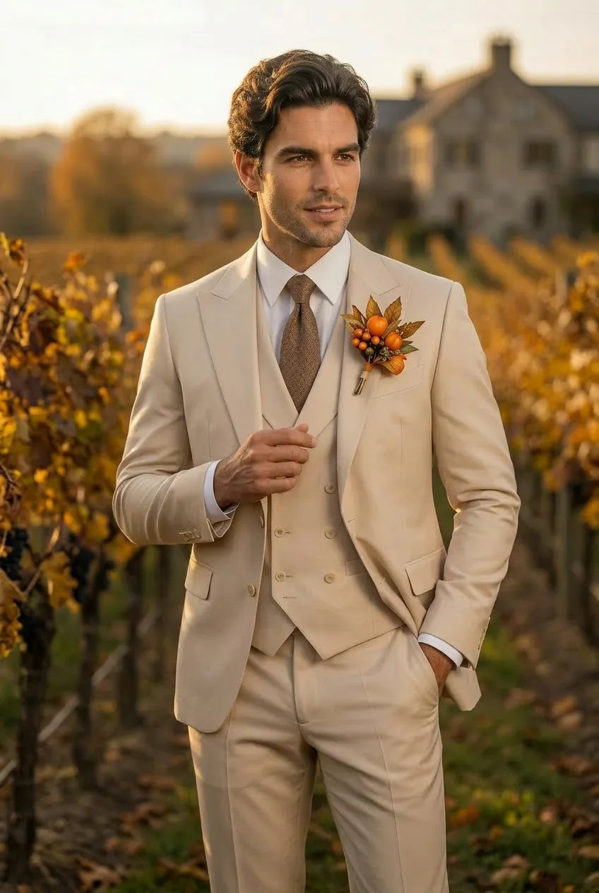 Sandstone Keystone - Ivory Beige Textured 3-Piece Suit