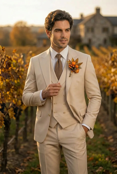 Sandstone Keystone - Ivory Beige Textured 3-Piece Suit