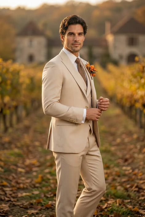 Sandstone Keystone - Ivory Beige Textured 3-Piece Suit