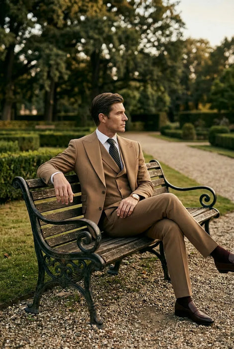 Men’s Classic Brown 3-Piece Barge Collar Suit