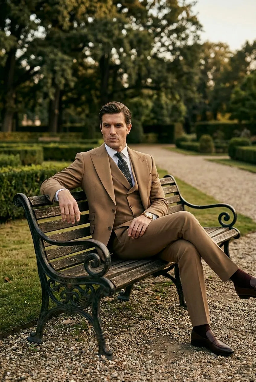 Men’s Classic Brown 3-Piece Barge Collar Suit