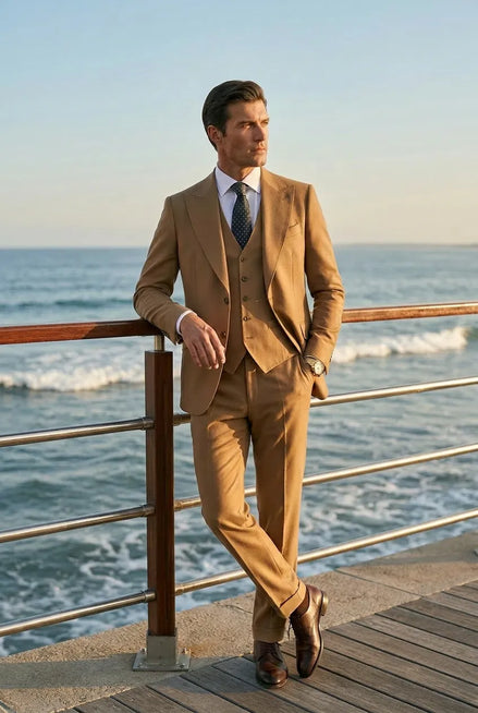 Men’s Classic Brown 3-Piece Barge Collar Suit