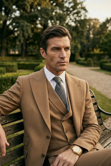 Men’s Classic Brown 3-Piece Barge Collar Suit