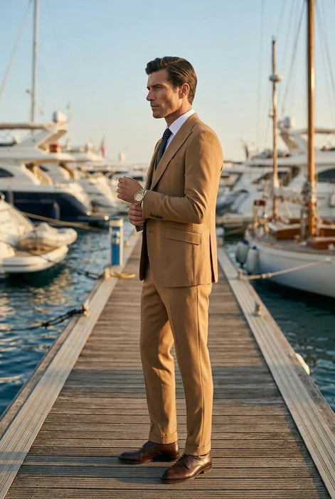 Men’s Classic Brown 3-Piece Barge Collar Suit