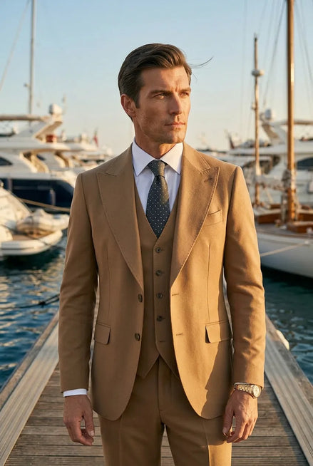 Men’s Classic Brown 3-Piece Barge Collar Suit