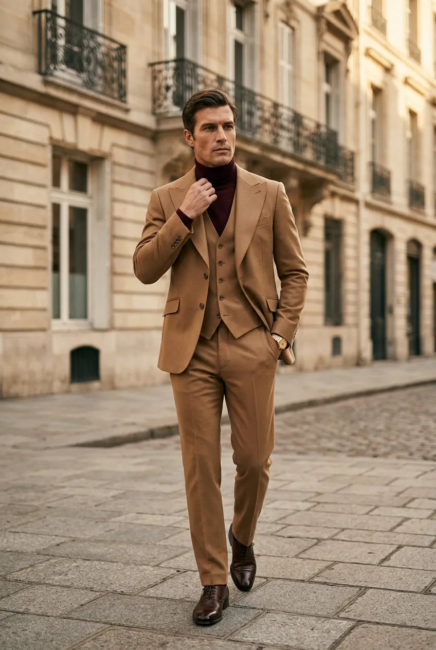 Men’s Classic Brown 3-Piece Barge Collar Suit