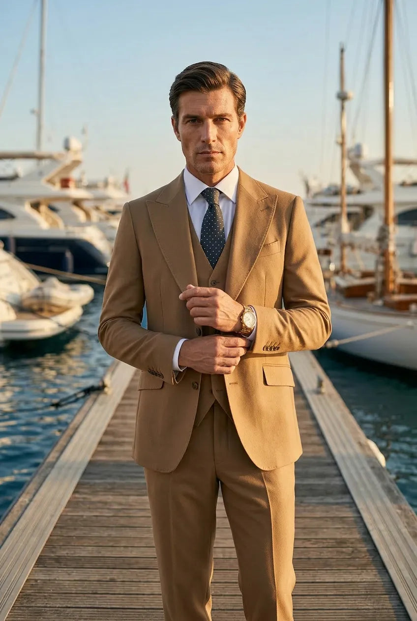 Men’s Classic Brown 3-Piece Barge Collar Suit