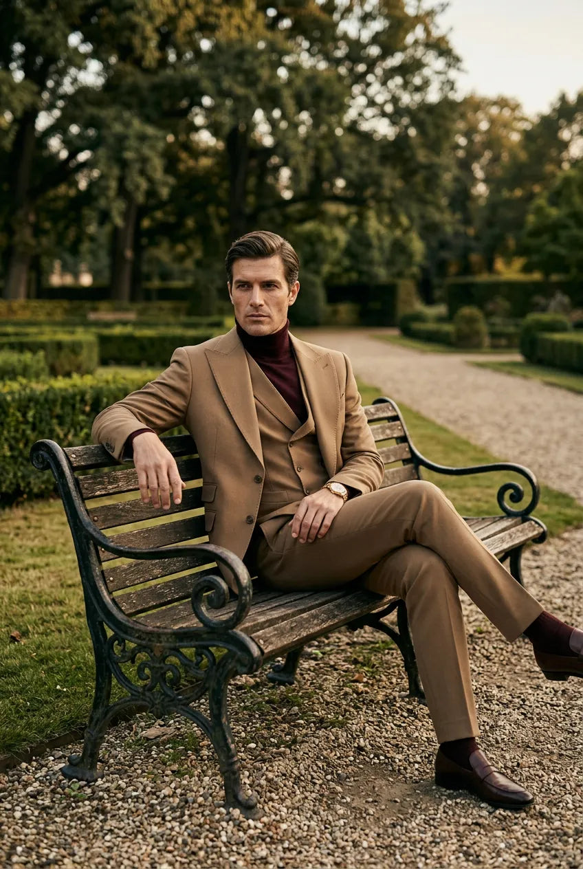 Men’s Classic Brown 3-Piece Barge Collar Suit
