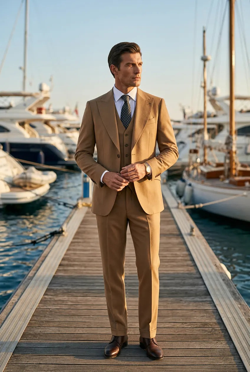 Men’s Classic Brown 3-Piece Barge Collar Suit
