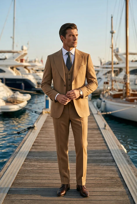 Men’s Classic Brown 3-Piece Barge Collar Suit