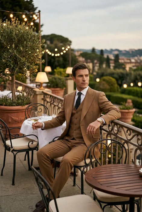 Men’s Classic Brown 3-Piece Barge Collar Suit
