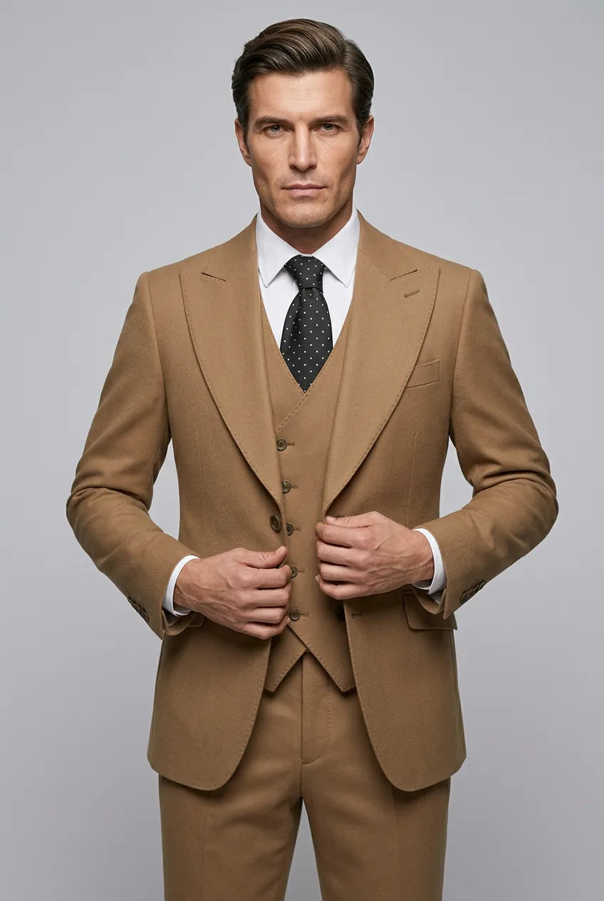 Men’s Classic Brown 3-Piece Barge Collar Suit