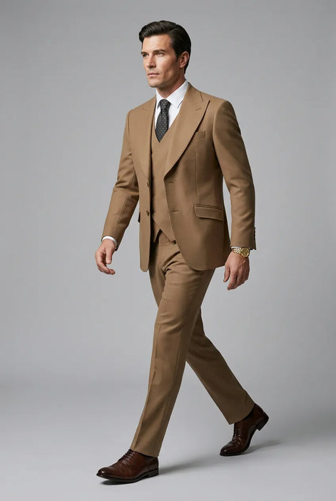 Men’s Classic Brown 3-Piece Barge Collar Suit