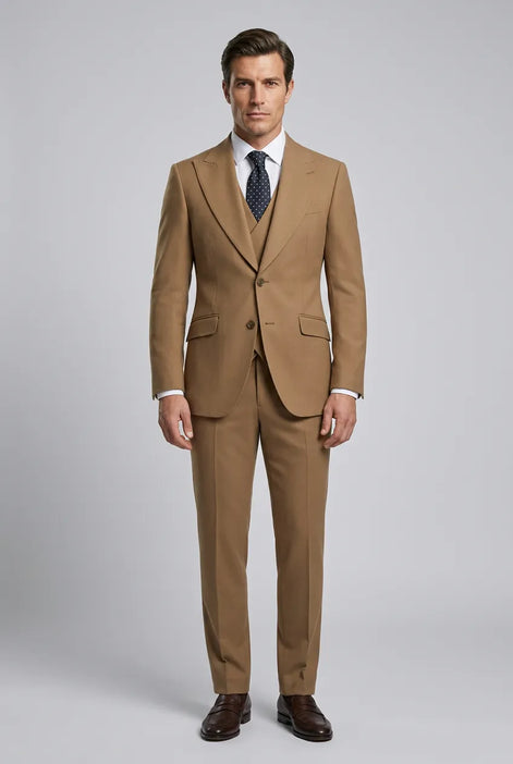 Men’s Classic Brown 3-Piece Barge Collar Suit