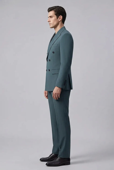 Men’s Green Double-Breasted 2-Piece Suit with Barge Collar