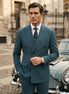 Men’s Green Double-Breasted 2-Piece Suit with Barge Collar