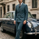 Men’s Green Double-Breasted 2-Piece Suit with Barge Collar