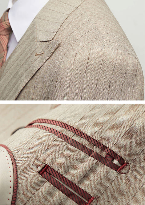 Close up of wide peak lapel and herringbone pinstripe fabric texture on khaki suit