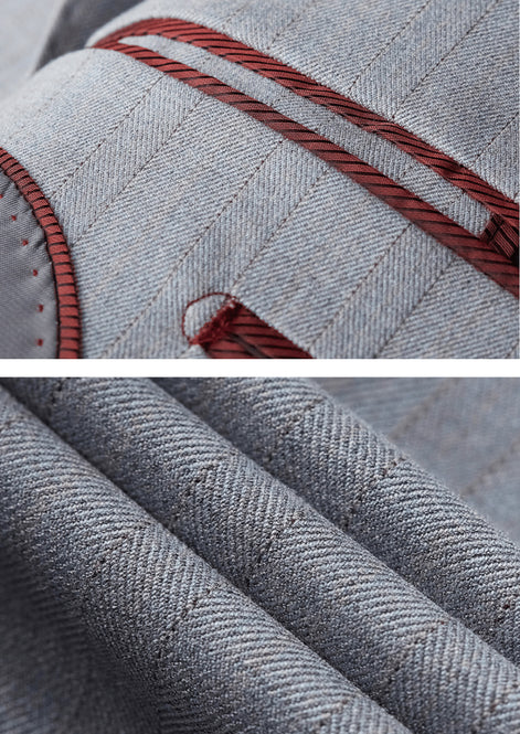 Close up of premium interior lining and red piping on Nevo grey suit |