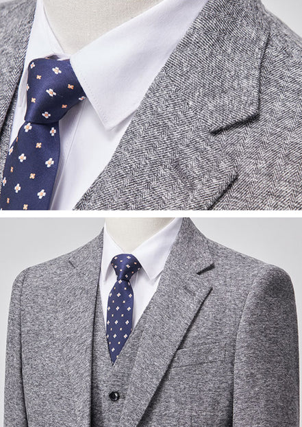 Men’s Silver Wool-Blend 3-Piece Suit with Flat Barge Collar
