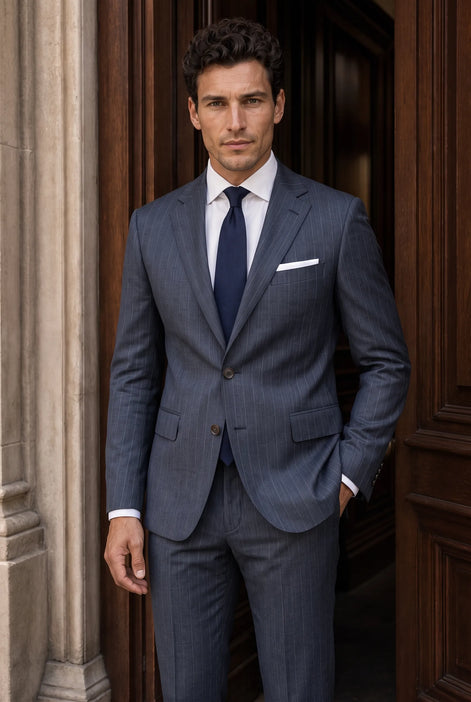 Cinder Axis slate blue side-slit 3-piece suit