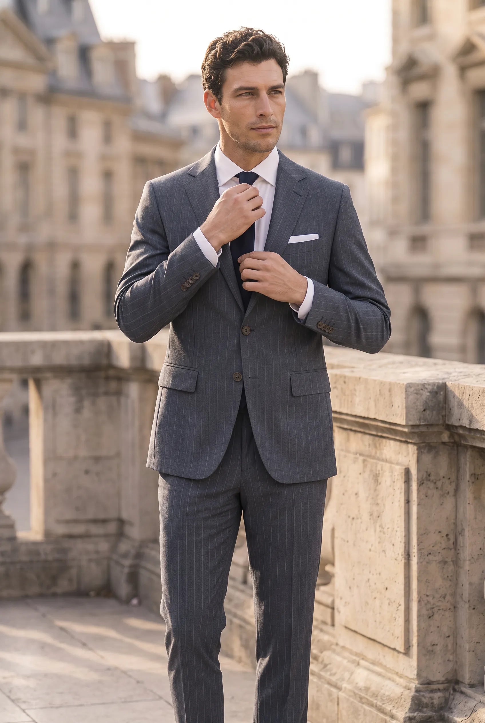 Cinder Axis slate blue side-slit 3-piece suit