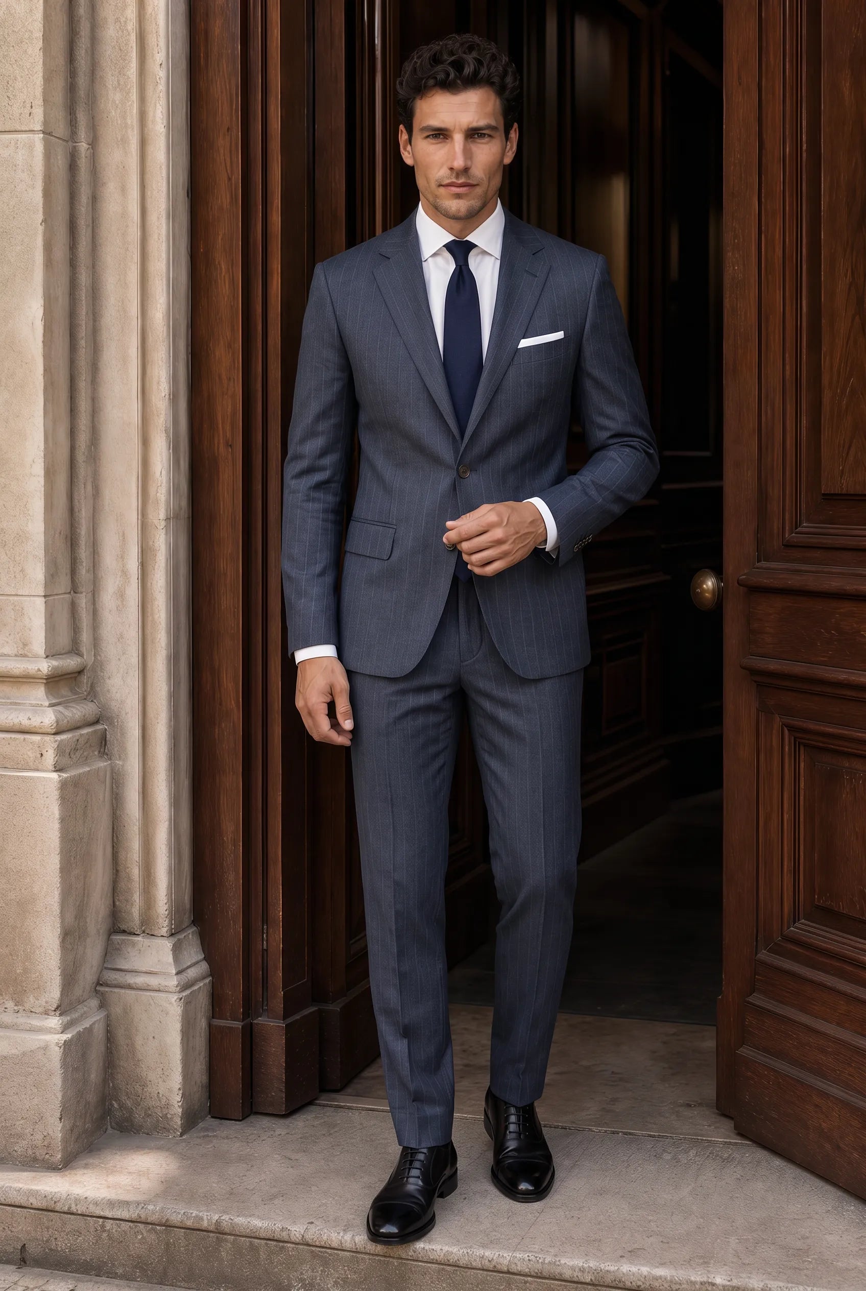 Cinder Axis slate blue side-slit 3-piece suit