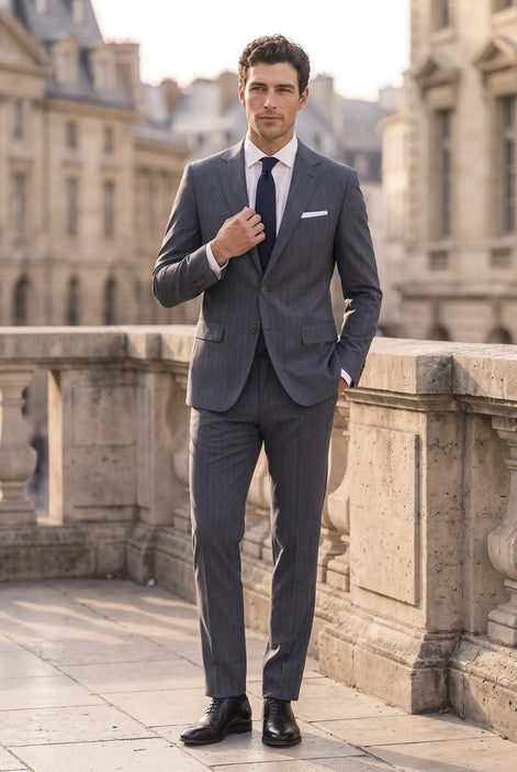 Cinder Axis slate blue side-slit 3-piece suit