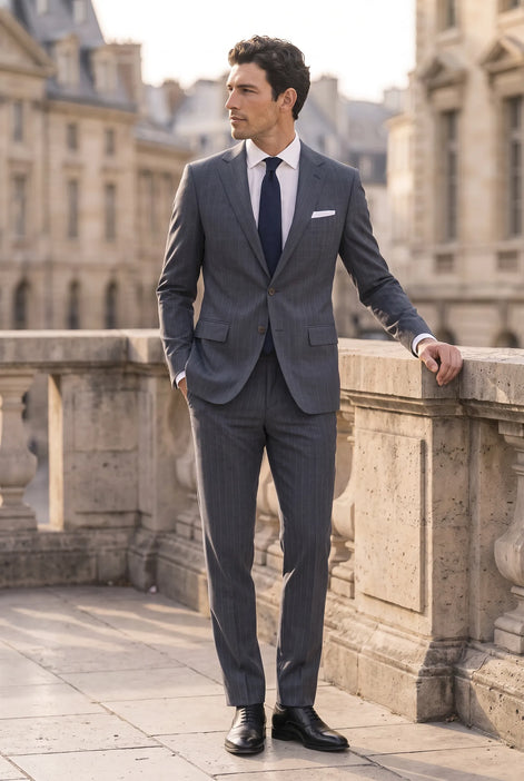 Cinder Axis slate blue side-slit 3-piece suit