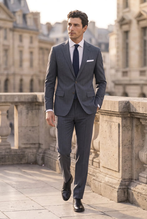 Cinder Axis slate blue side-slit 3-piece suit