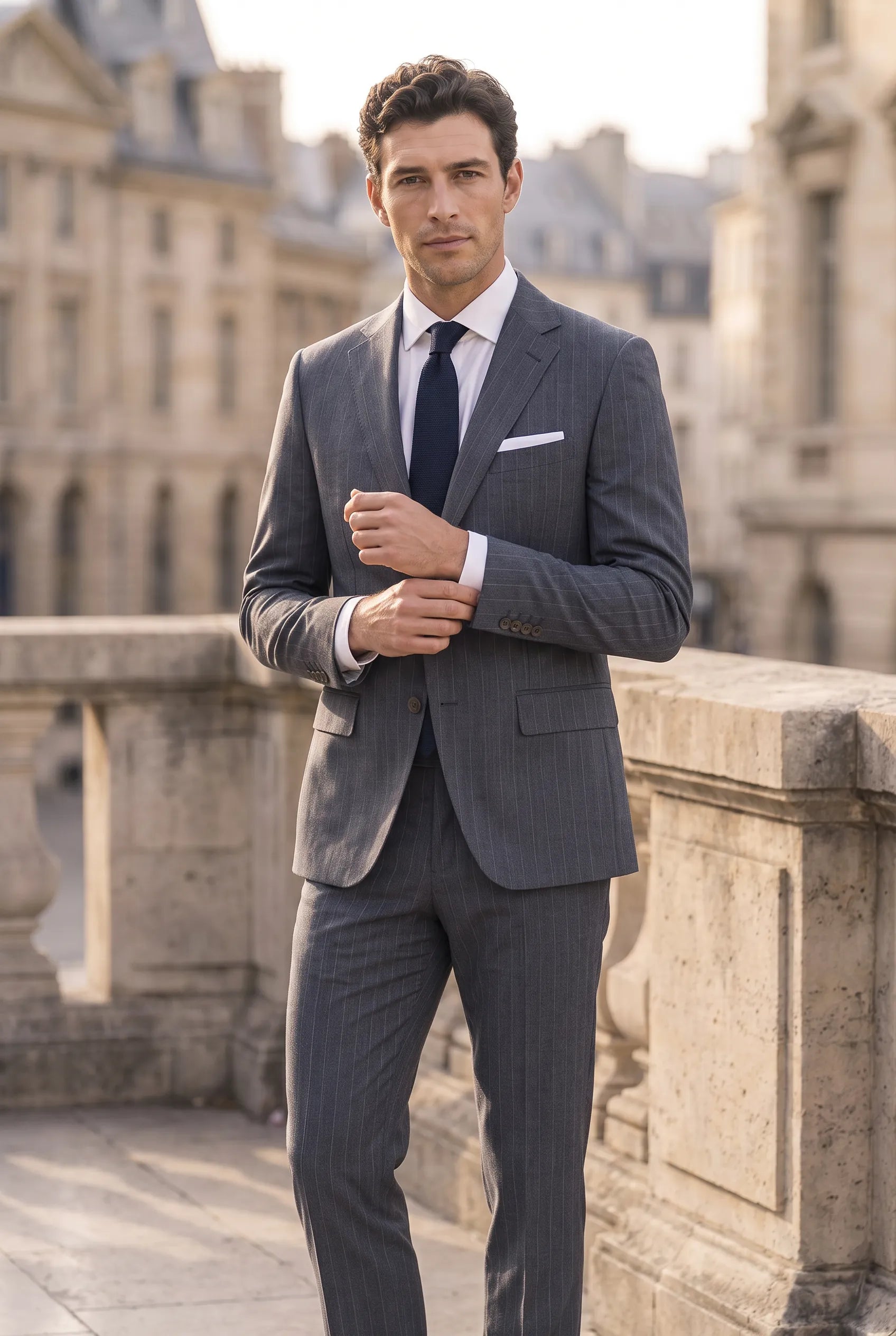 Cinder Axis slate blue side-slit 3-piece suit