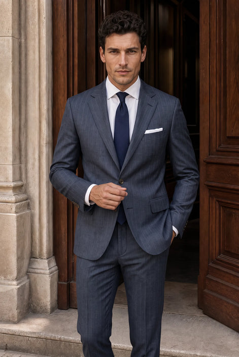 Cinder Axis slate blue side-slit 3-piece suit